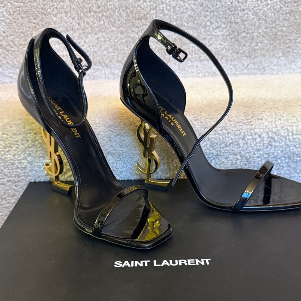 Saint Laurent Glossy Black Heels with Gold Monogram
